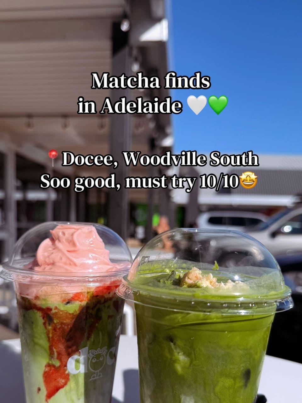 Strawberry and matcha drinks at Docee, Woodville South